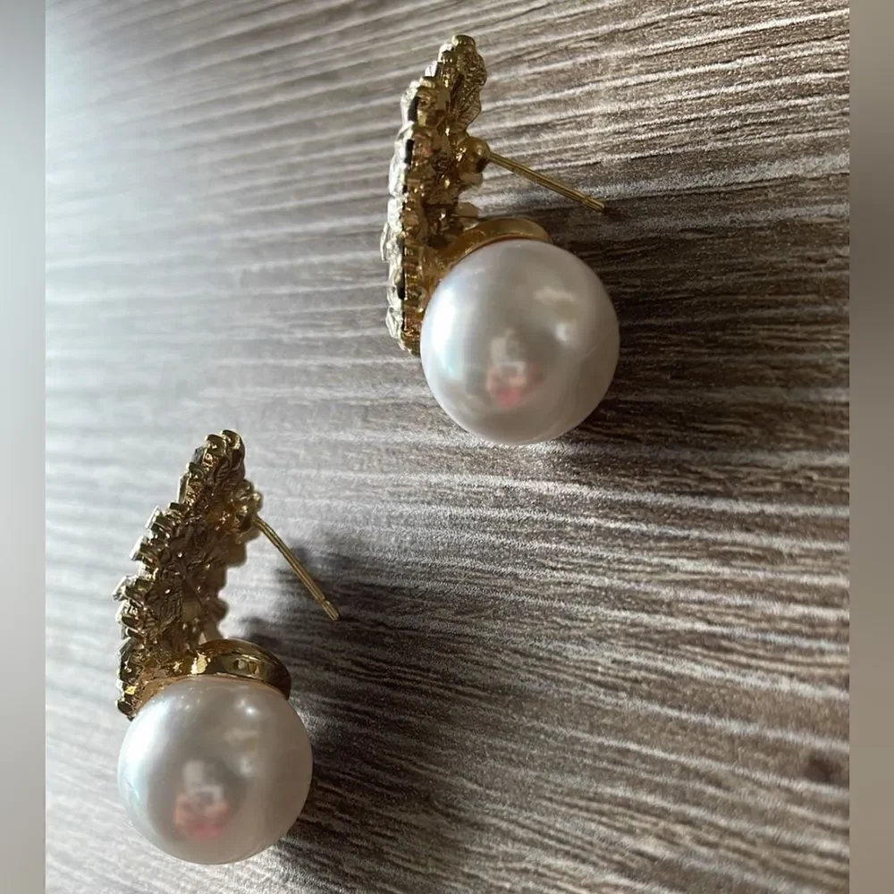 Anthropologie Silver Crystal Burst Pearl Drop Earrings - Picture 5 of 5